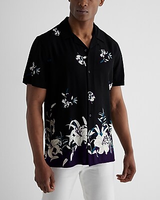 Border Floral Print Rayon Short Sleeve Shirt Black Men's XS
