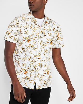 Floral Print Stretch Cotton Short Sleeve Shirt White Men's M Tall