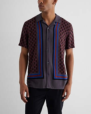 Bordered Geo Print Rayon Short Sleeve Shirt Black Men's M