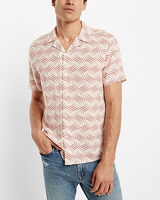 Swirl Print Rayon Short Sleeve Shirt Pink Men's XL