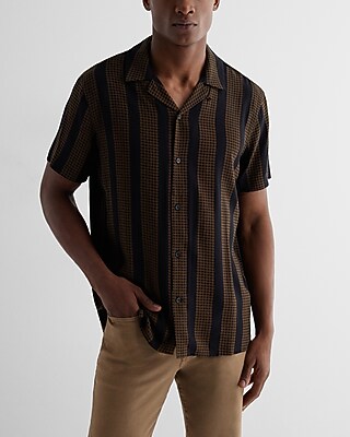 Floral Geo Striped Rayon Short Sleeve Shirt Green Men's S