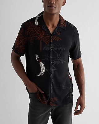 Bird & Tree Print Rayon Short Sleeve Shirt