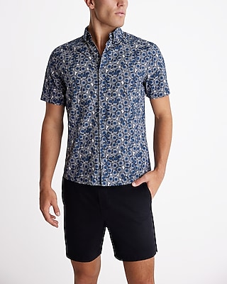 Geo Floral Cotton Stretch Short Sleeve Shirt Blue Men's S