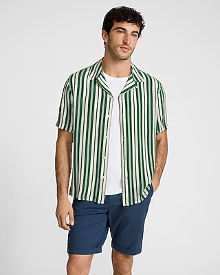 Express Men's Multi Striped Rayon Short Sleeve Shirt in Green