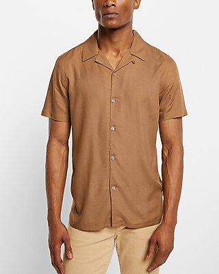 Solid Rayon Short Sleeve Shirt Brown Men's XS