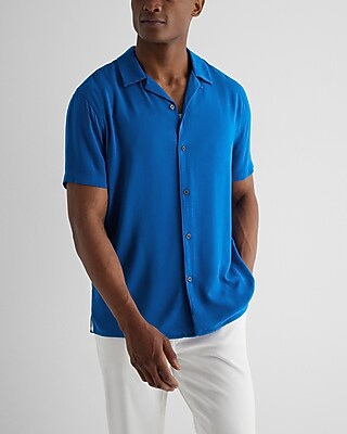 Solid Rayon Short Sleeve Shirt Blue Men's XS