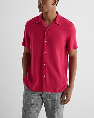 Solid Rayon Short Sleeve Shirt Pink Men's M
