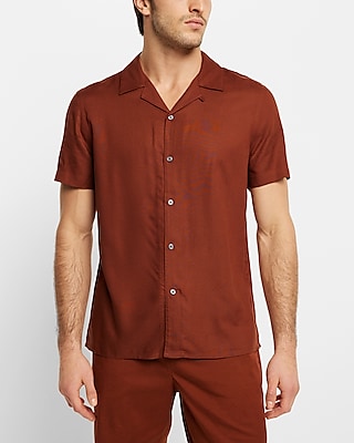 Solid Rayon Short Sleeve Shirt Brown Men's M
