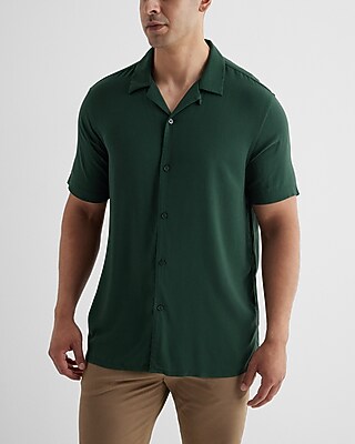 Solid Rayon Short Sleeve Shirt Green Men's L