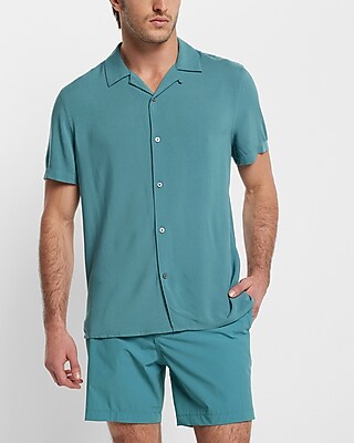 Solid Rayon Short Sleeve Shirt Green Men's XS