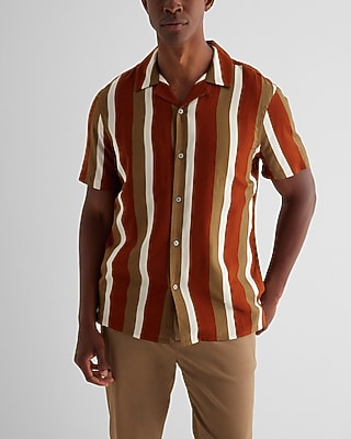 Striped Rayon Short Sleeve Shirt Brown Men's M Tall