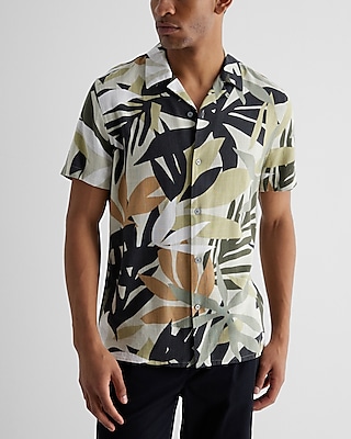 Palm Print Stretch Linen Short Sleeve Shirt