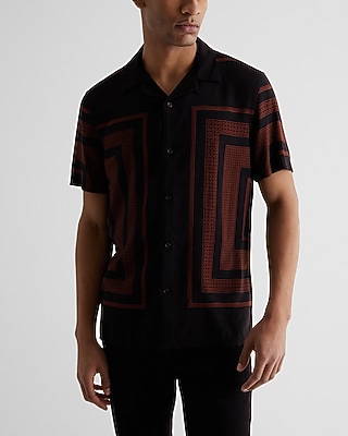 Panel Geo Print Rayon Short Sleeve Shirt Brown Men's XS