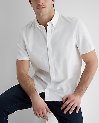 Solid Linen-Cotton Blend Short Sleeve Shirt