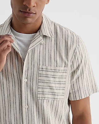 Striped Stretch Linen-Blend Short Sleeve Shirt White Men's XS