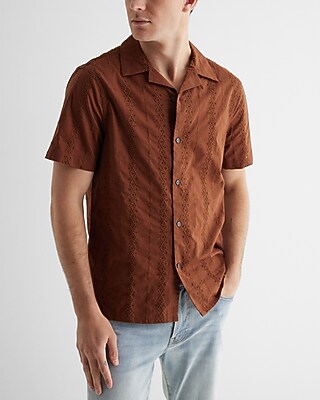 Embroidered Eyelet Short Sleeve Shirt Brown Men's S