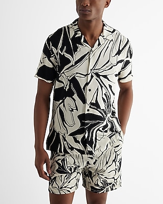 Abstract Leaf Rayon Short Sleeve Shirt Black Men's XL