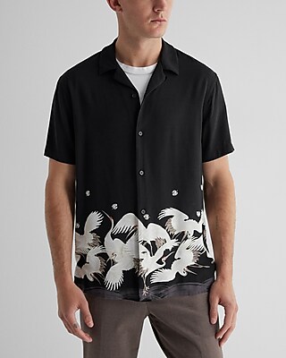 Crane Print Rayon Short Sleeve Shirt