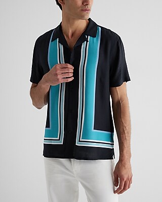 Stripe Bordered Rayon Short Sleeve Shirt Black Men's L