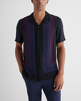 Striped Geo Border Rayon Short Sleeve Shirt Blue Men's XL