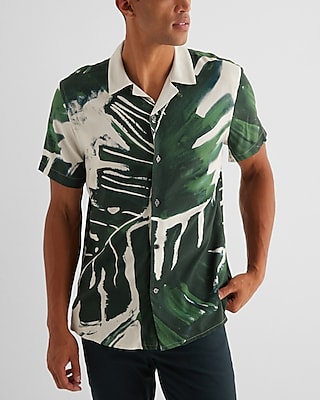Graphic Palm Print Rayon Short Sleeve Shirt