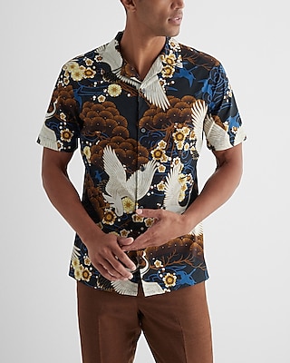 Mixed Crane Floral Stretch Cotton Short Sleeve Shirt