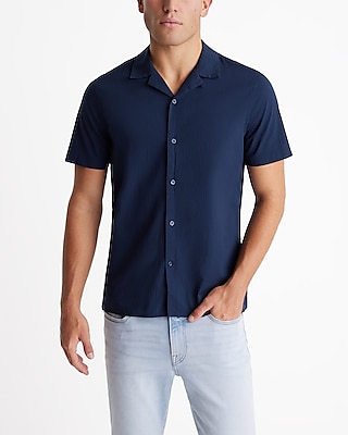 Textured Poplin Short Sleeve Shirt Blue Men