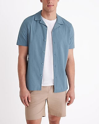 Textured Poplin Short Sleeve Shirt Blue Men's XL