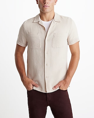 Crinkle Textured Cotton Short Sleeve Shirt Neutral Men's XL