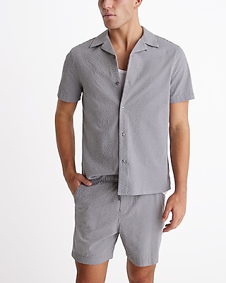Striped Seersucker Cotton Stretch Short Sleeve Shirt Gray Men's Tall
