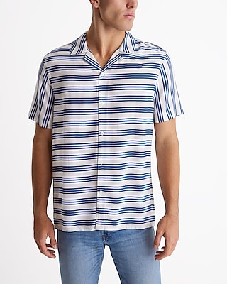 Striped Rayon Short Sleeve Shirt Neutral Men's L Tall