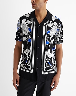 Bordered Floral Rayon Short Sleeve Shirt Black Men's XL
