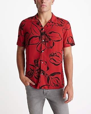 Painted Floral Rayon Short Sleeve Shirt Men's XL