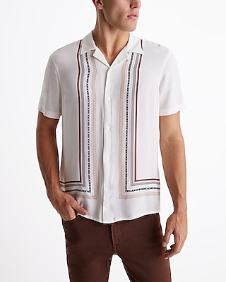 Patterned Stripe Rayon Short Sleeve Shirt White Men's Tall