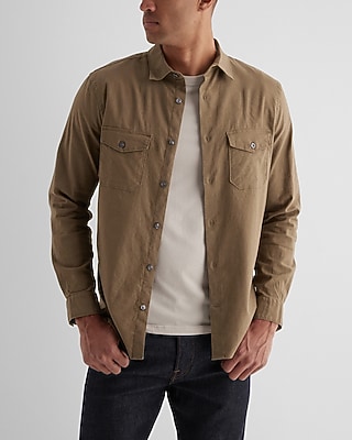 Stretch Linen-Blend Double Pocket Shirt Brown Men's S