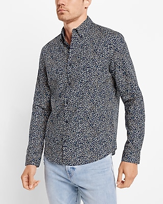 Floral Print Stretch Cotton Shirt Blue Men's XS