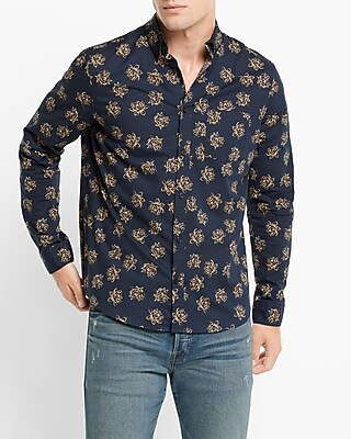 Floral Print Stretch Cotton Shirt Blue Men's S