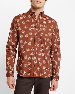 Floral Print Stretch Cotton Shirt Brown Men's XL
