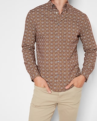 Geo Print Stretch Cotton Shirt Brown Men's S