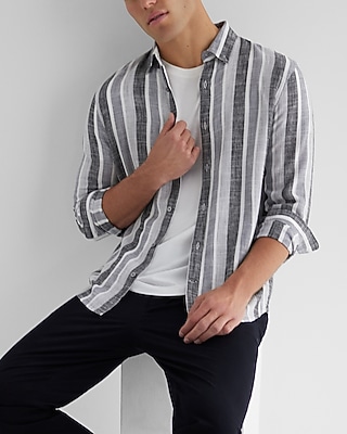 Striped Stretch Linen-Blend Shirt Gray Men's XXL Tall