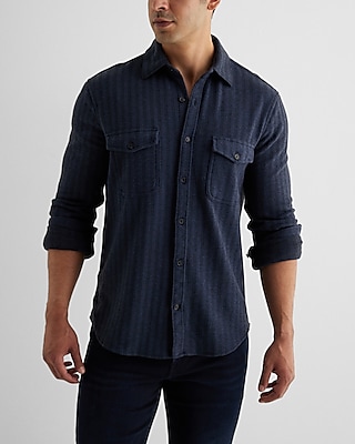 Herringbone Double Pocket Sweater Flannel Shirt Blue Men's L