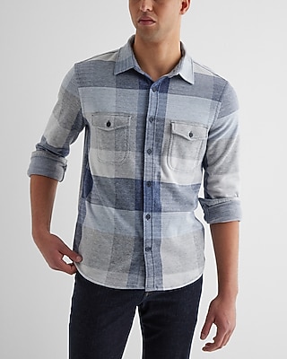 Big & Tall Plaid Double Pocket Sweater Flannel Shirt Blue Men's XXL