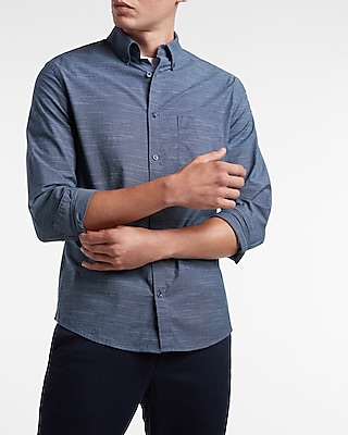 Slim Solid Stretch Slub Shirt Blue Men's L