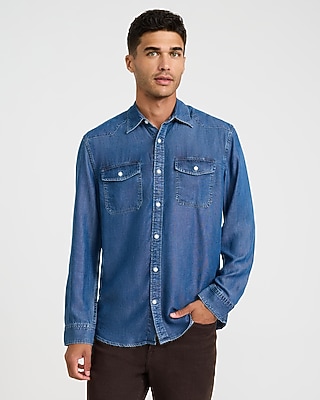 Express Men's Double Button Pocket Long Sleeve Denim Soft Shirt in Blue Medium