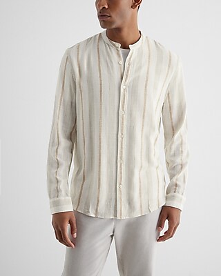 Striped Banded Collar Stretch Linen-Blend Shirt