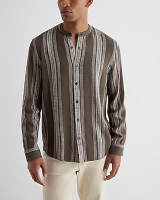 Striped Banded Collar Stretch Linen-Blend Shirt