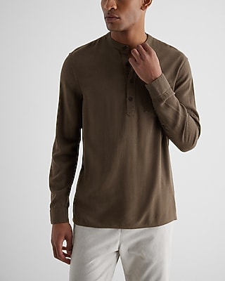 Stretch Linen-Blend Henley Green Men's L