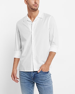 Solid Camp Collar Stretch Cotton Shirt White Men's XL