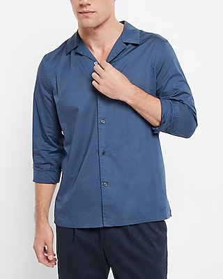 Solid Camp Collar Stretch Cotton Shirt