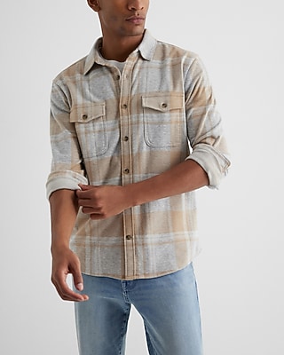 Big & Tall Plaid Double Pocket Sweater Flannel Shirt Gray Men's XXL